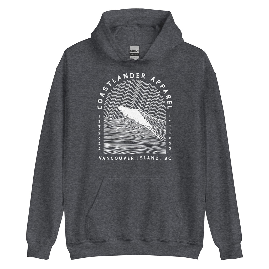 Design of Vancouver Island Wave Design - White Line Art - Unisex Hoodie , the colour is Dark Heather