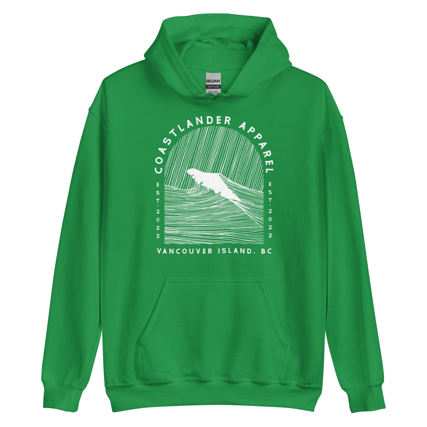 Design of Vancouver Island Wave Design - White Line Art - Unisex Hoodie , the colour is Irish Green