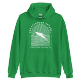 Design of Vancouver Island Wave Design - White Line Art - Unisex Hoodie , the colour is Irish Green