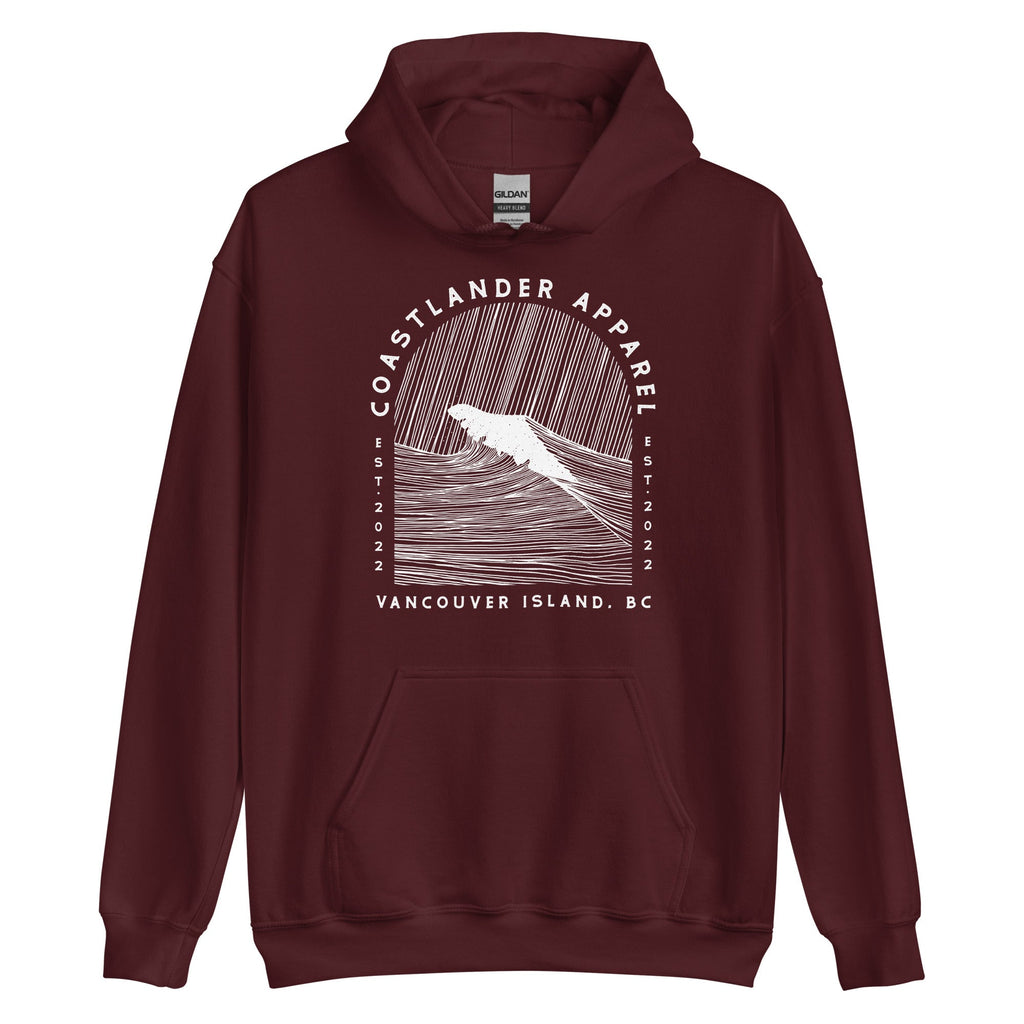 Design of Vancouver Island Wave Design - White Line Art - Unisex Hoodie , the colour is Maroon