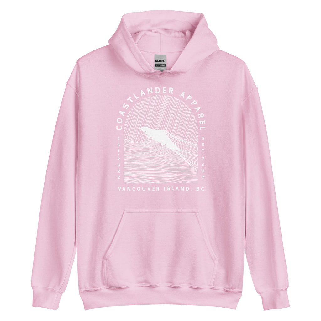 Design of Vancouver Island Wave Design - White Line Art - Unisex Hoodie , the colour is Light Pink