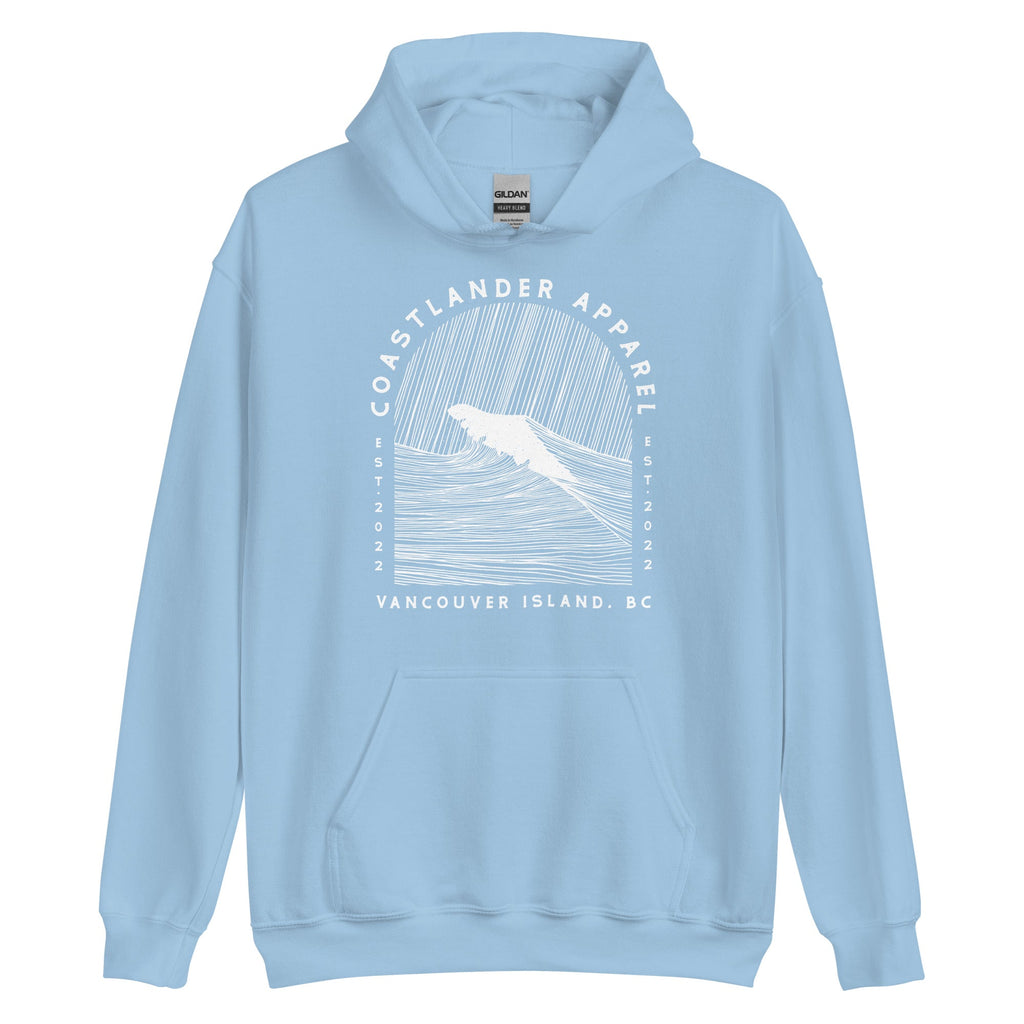 Design of Vancouver Island Wave Design - White Line Art - Unisex Hoodie , the colour is Light Blue