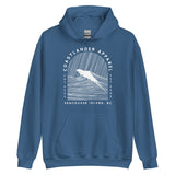 Design of Vancouver Island Wave Design - White Line Art - Unisex Hoodie , the colour is Indigo Blue