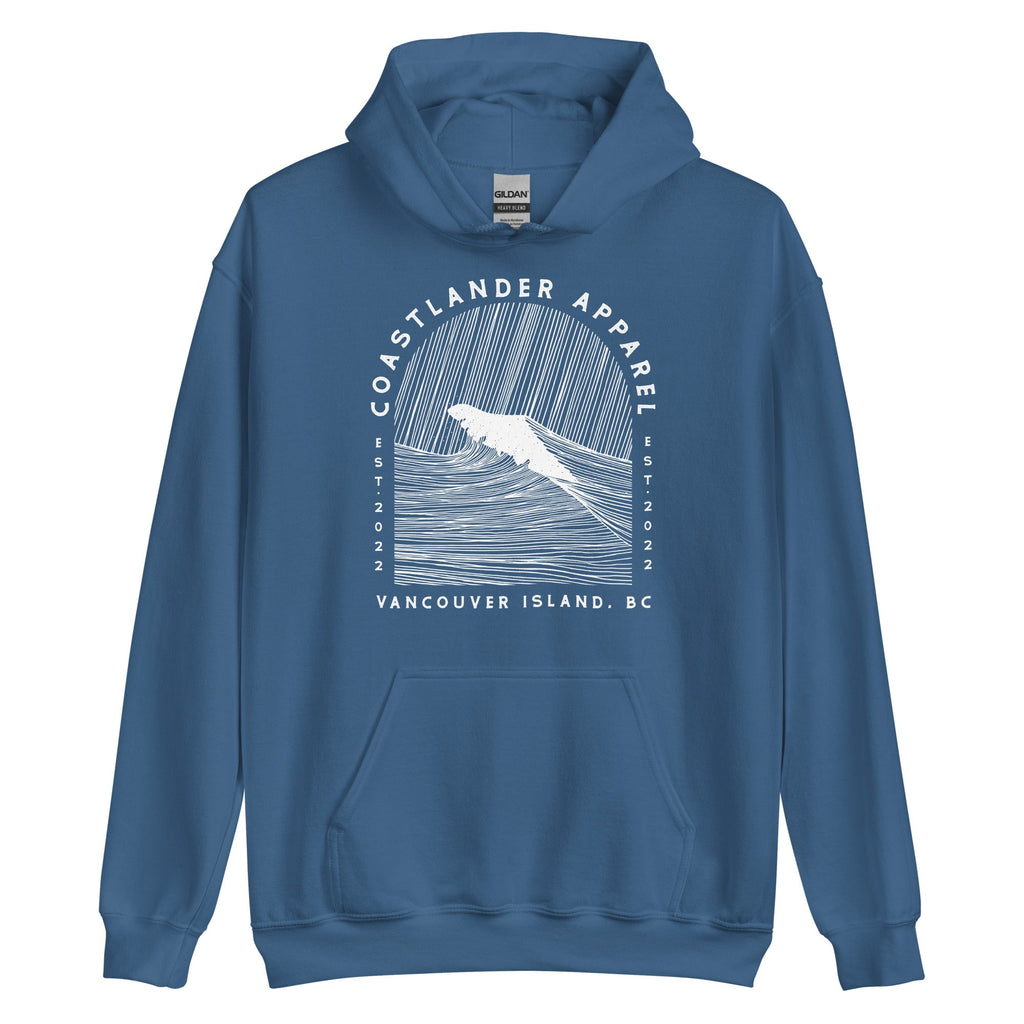 Design of Vancouver Island Wave Design - White Line Art - Unisex Hoodie , the colour is Indigo Blue