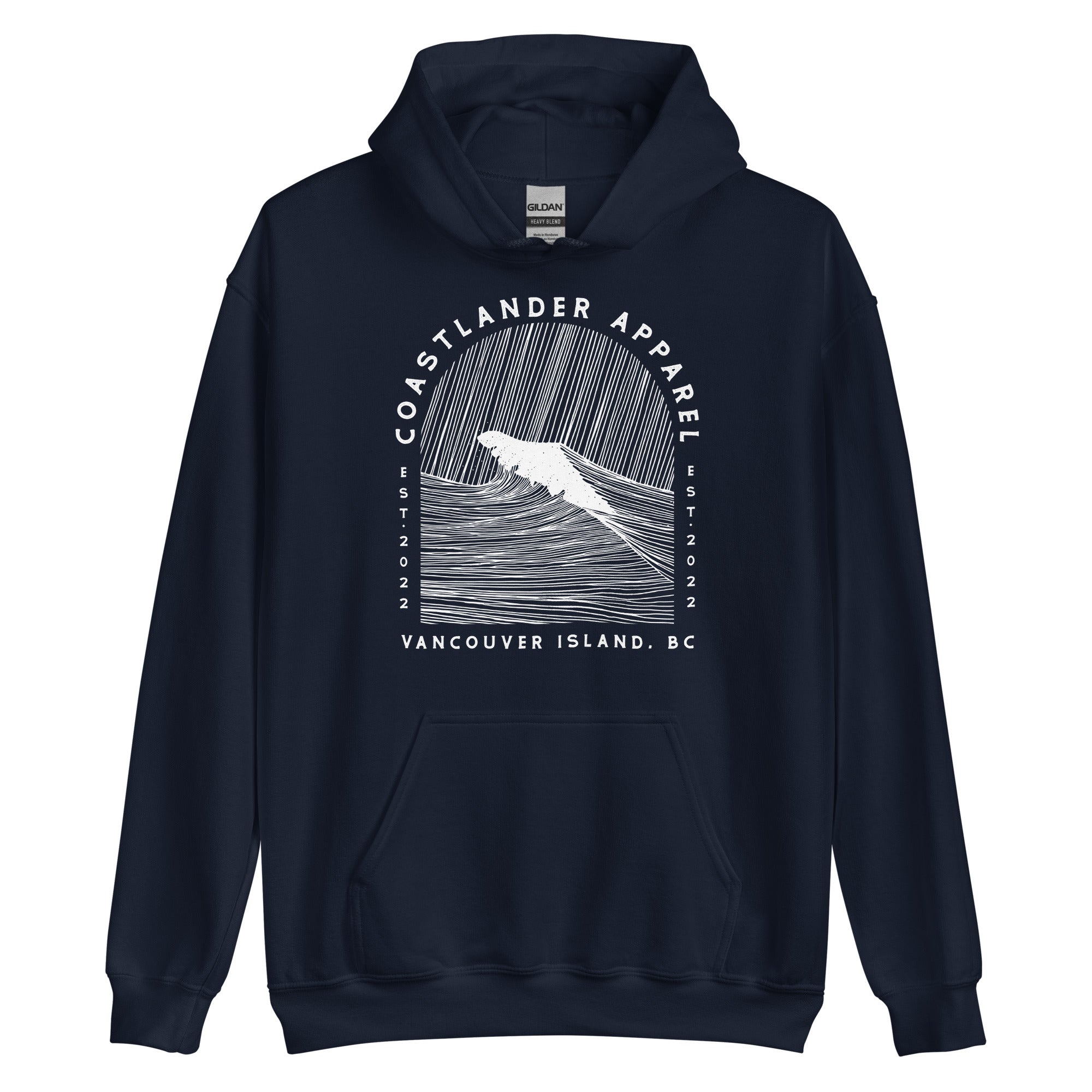 Design of Vancouver Island Wave Design - White Line Art - Unisex Hoodie , the colour is Navy