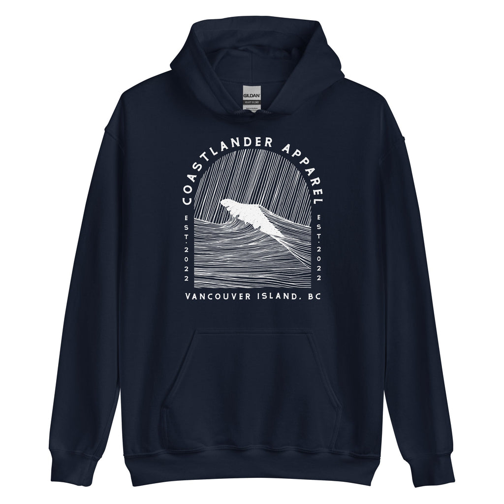 Design of Vancouver Island Wave Design - White Line Art - Unisex Hoodie , the colour is Navy