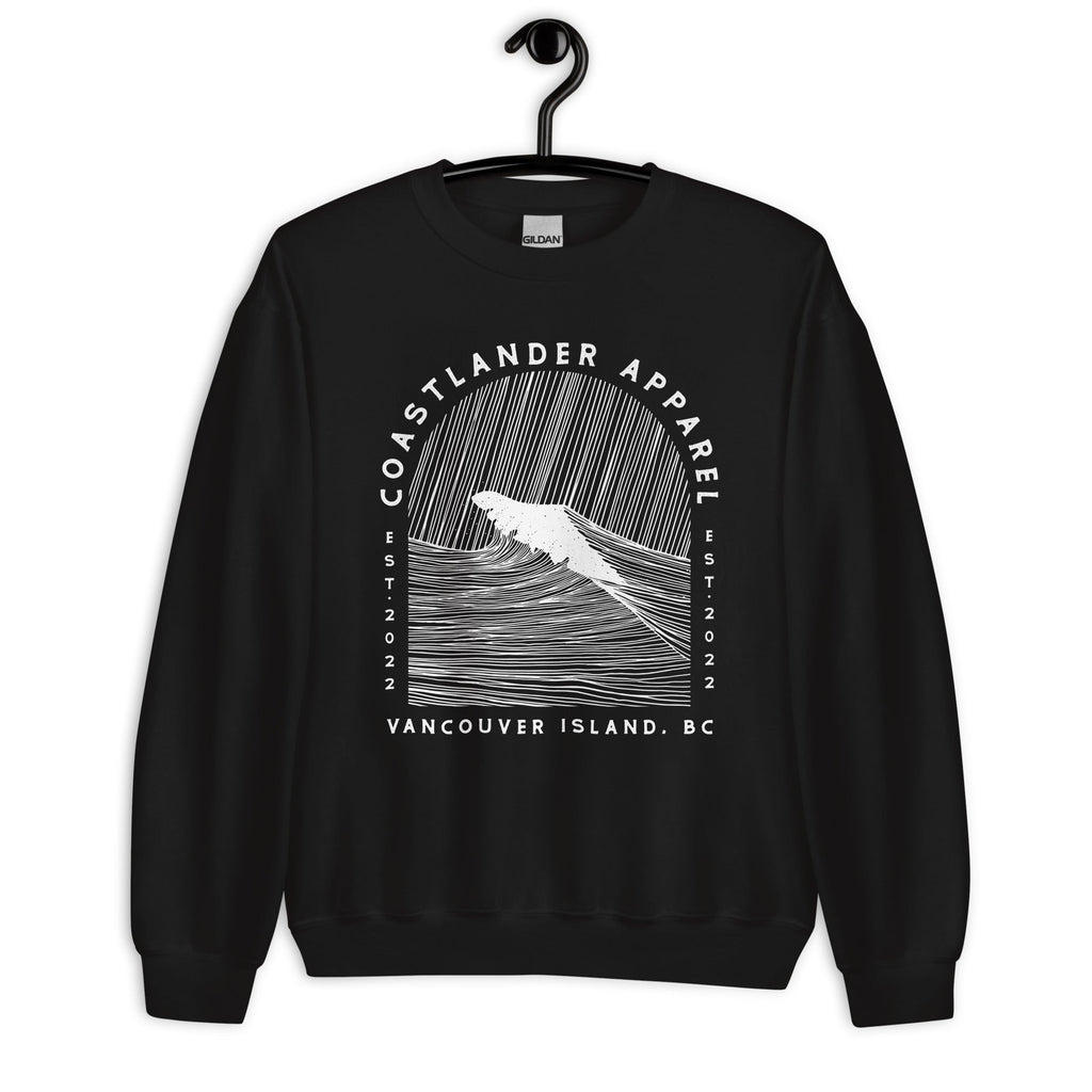 Design of Vancouver Island Wave Design - White Line Art - Unisex Sweatshirt , the colour is Black
