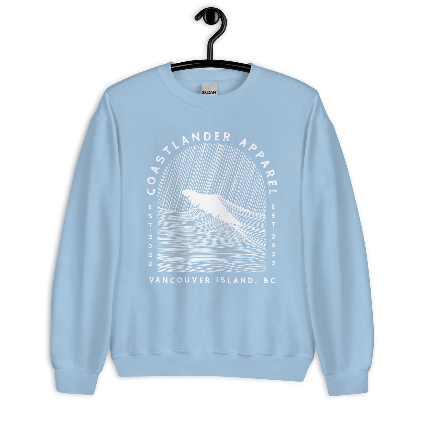 Design of Vancouver Island Wave Design - White Line Art - Unisex Sweatshirt , the colour is Light Blue
