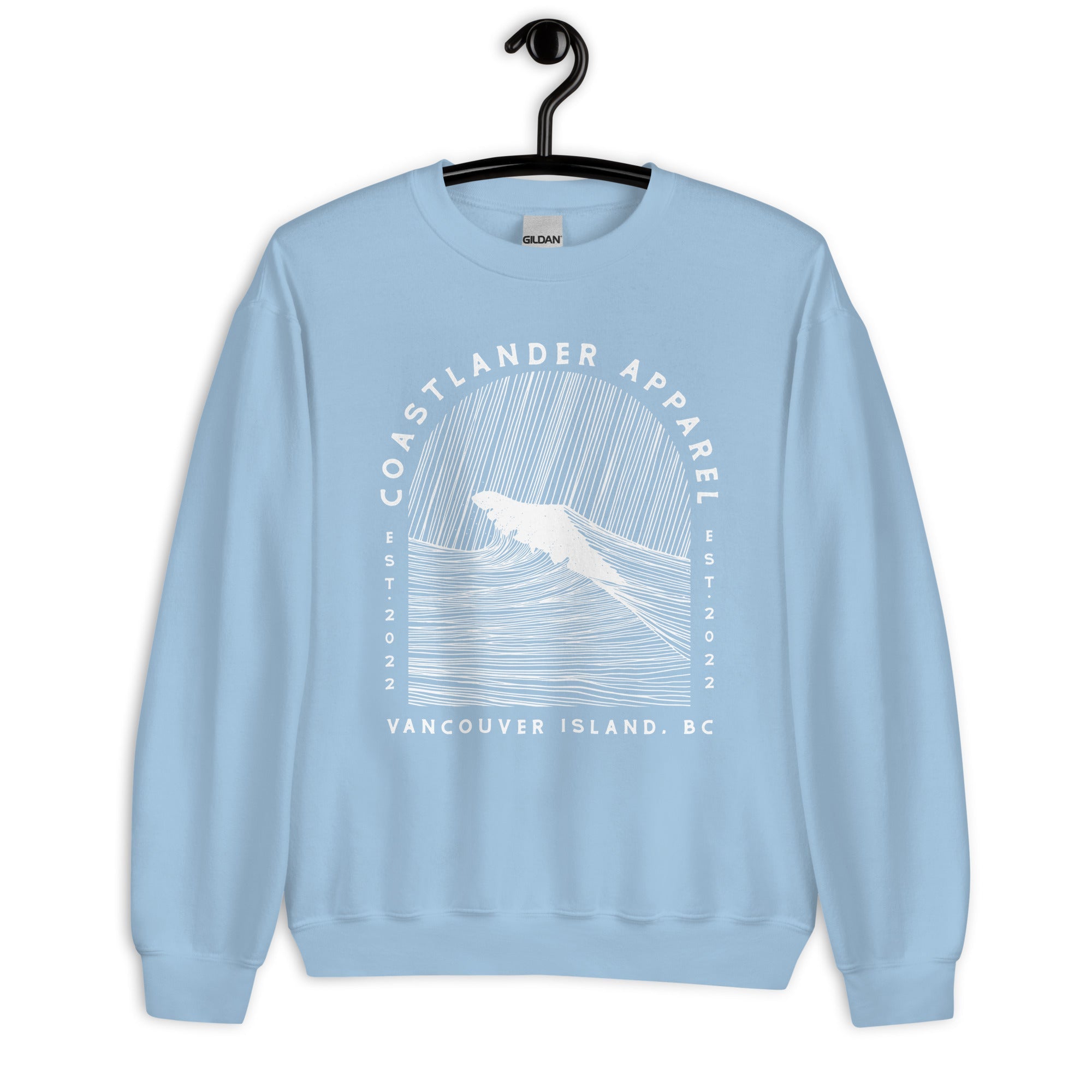 Design of Vancouver Island Wave Design - White Line Art - Unisex Sweatshirt , the colour is Light Blue