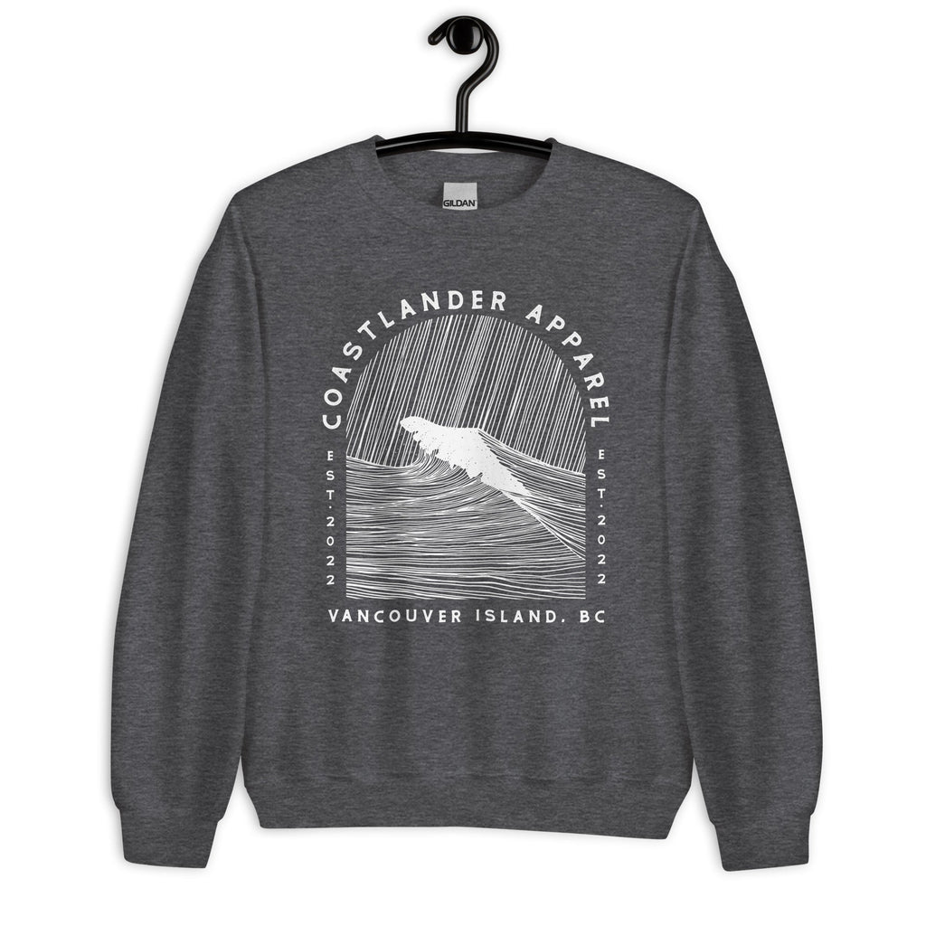 Design of Vancouver Island Wave Design - White Line Art - Unisex Sweatshirt , the colour is Dark Heather