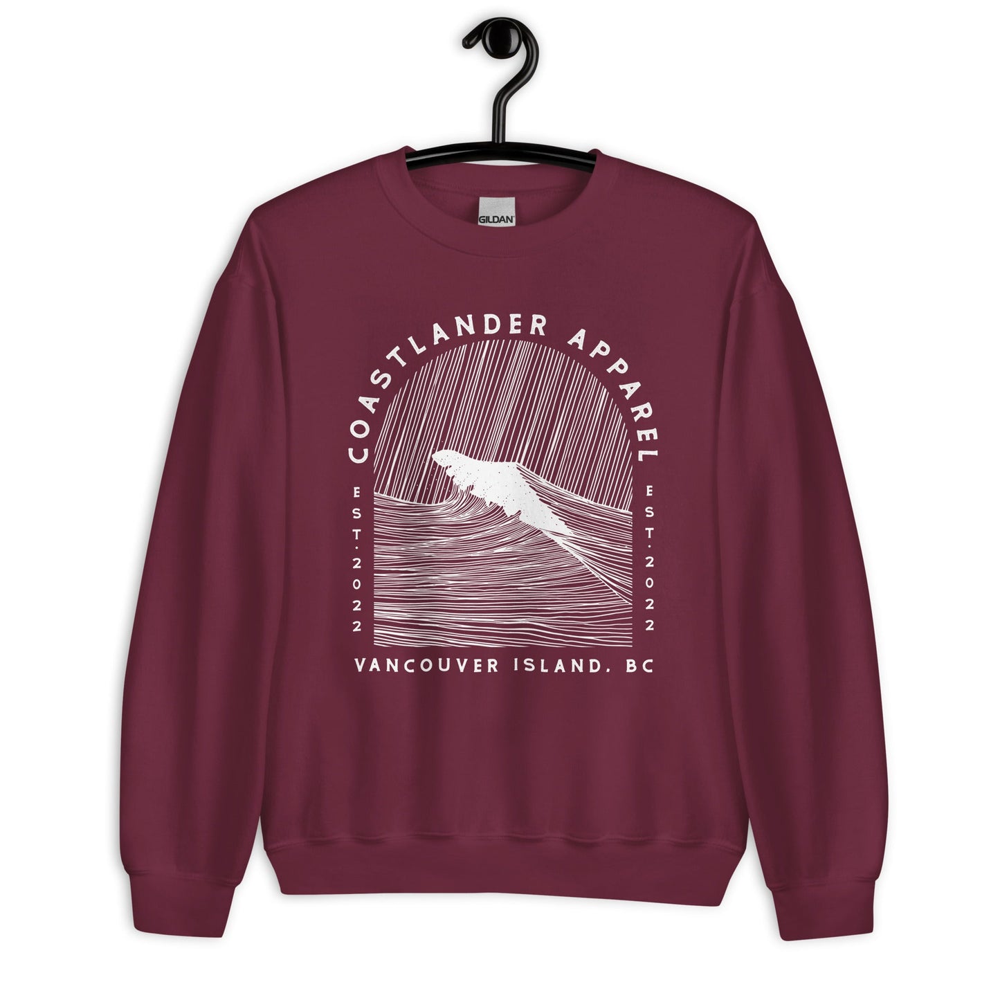 Design of Vancouver Island Wave Design - White Line Art - Unisex Sweatshirt , the colour is Maroon