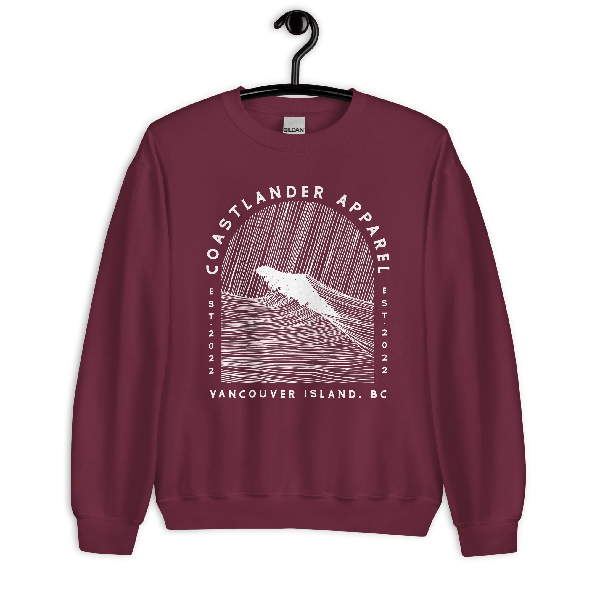 Design of Vancouver Island Wave Design - White Line Art - Unisex Sweatshirt , the colour is Maroon