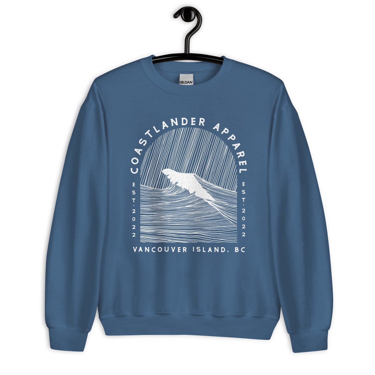 Design of Vancouver Island Wave Design - White Line Art - Unisex Sweatshirt , the colour is Indigo Blue
