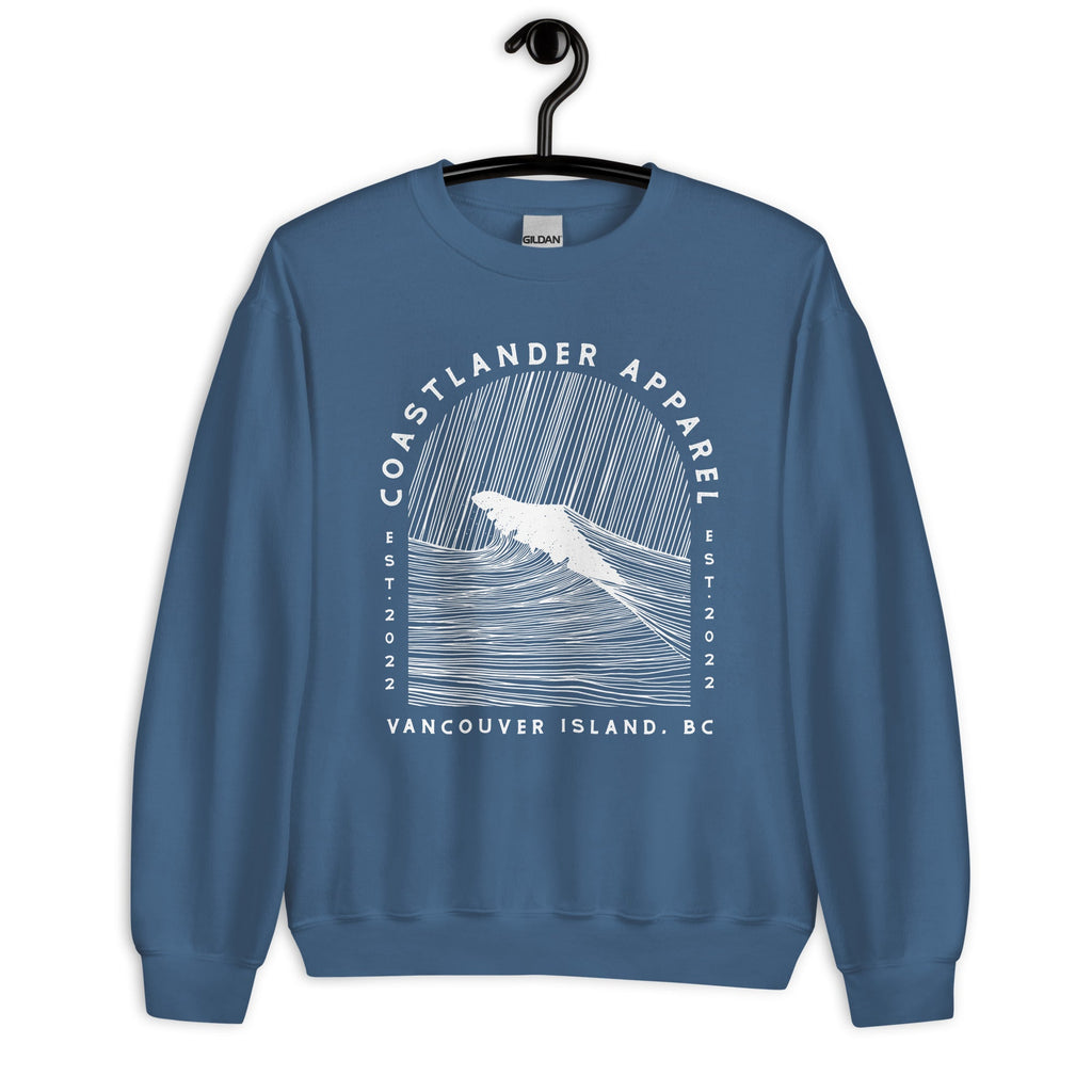 Design of Vancouver Island Wave Design - White Line Art - Unisex Sweatshirt , the colour is Indigo Blue