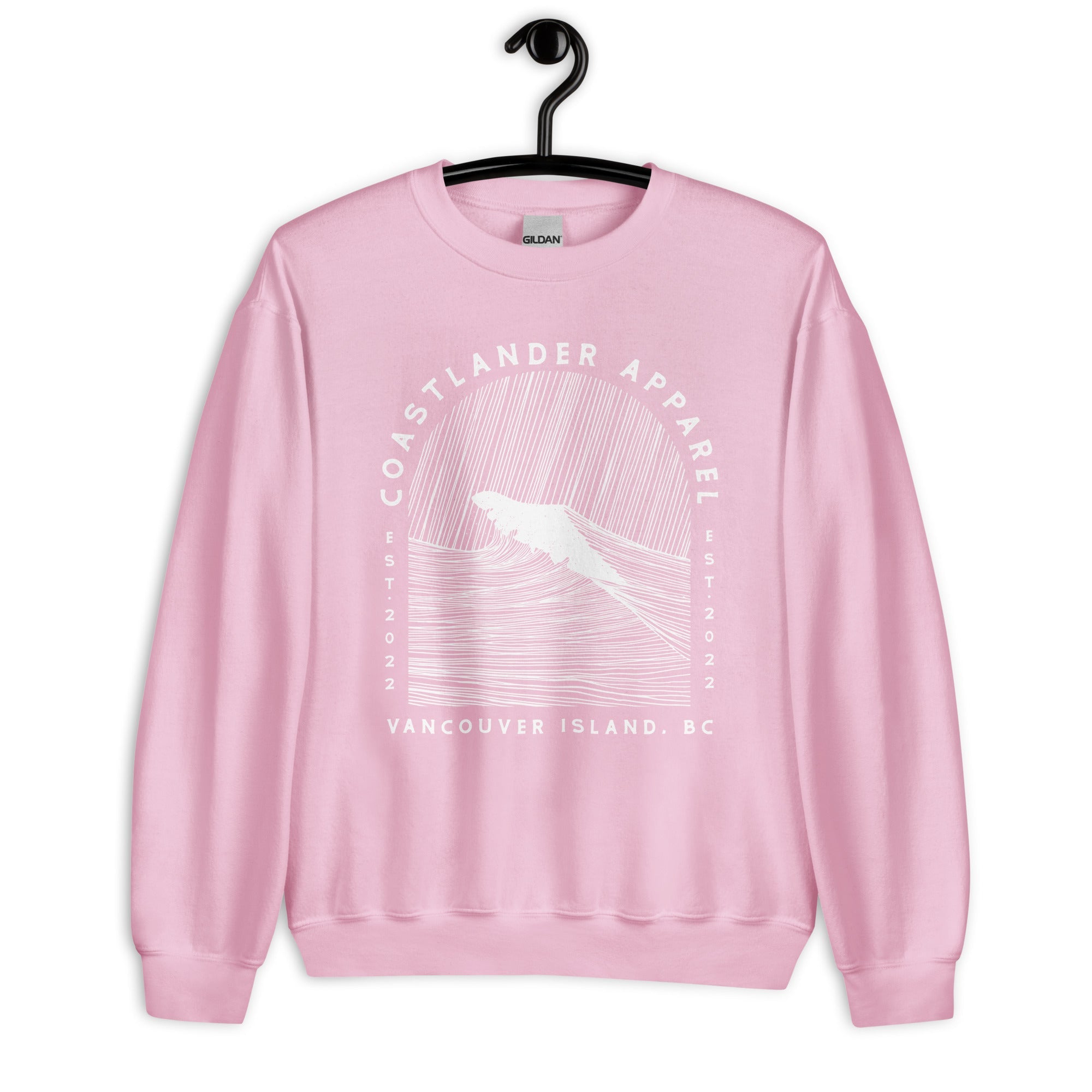Design of Vancouver Island Wave Design - White Line Art - Unisex Sweatshirt , the colour is Light Pink