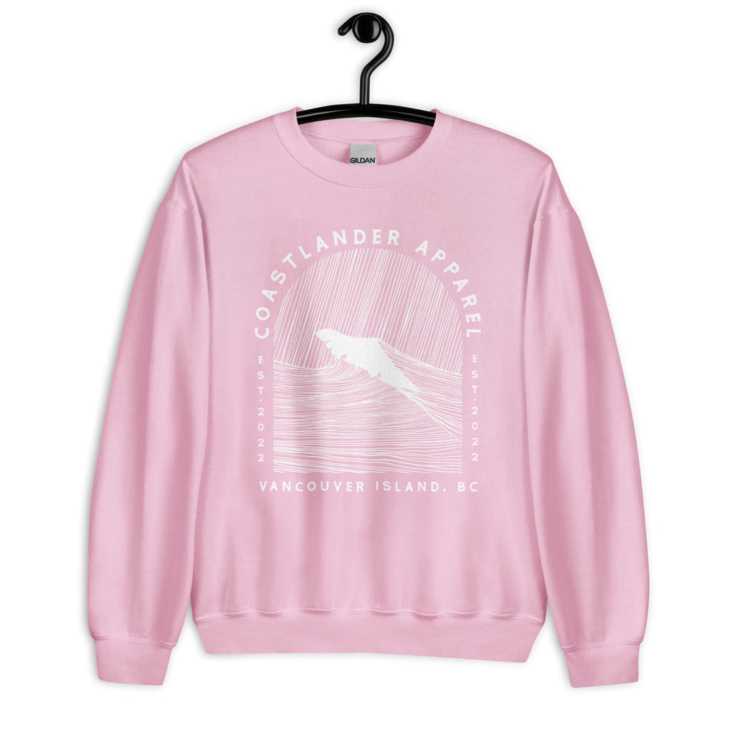 Design of Vancouver Island Wave Design - White Line Art - Unisex Sweatshirt , the colour is Light Pink