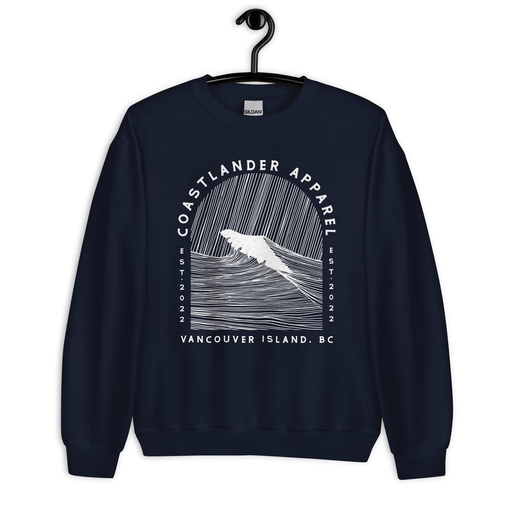 Design of Vancouver Island Wave Design - White Line Art - Unisex Sweatshirt , the colour is Navy
