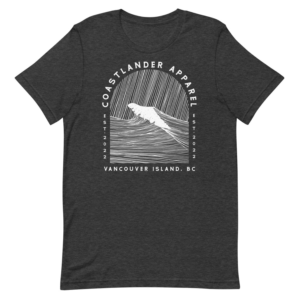 Design of Vancouver Island Wave Design - White Line Art - Unisex t-shirt , the colour is Dark Grey Heather