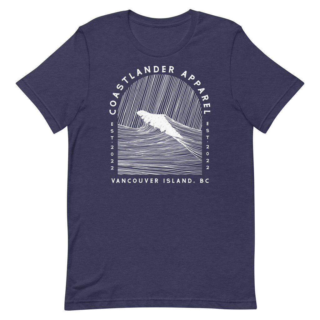 Design of Vancouver Island Wave Design - White Line Art - Unisex t-shirt , the colour is Heather Midnight Navy