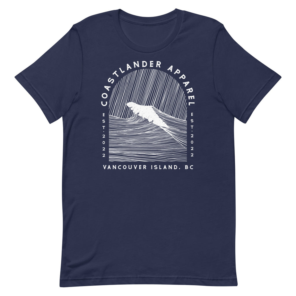 Design of Vancouver Island Wave Design - White Line Art - Unisex t-shirt , the colour is Navy