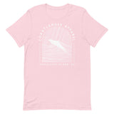 Design of Vancouver Island Wave Design - White Line Art - Unisex t-shirt , the colour is Soft Pink