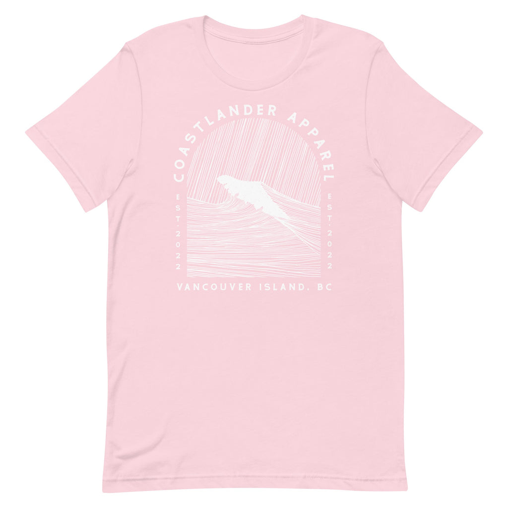 Design of Vancouver Island Wave Design - White Line Art - Unisex t-shirt , the colour is Soft Pink