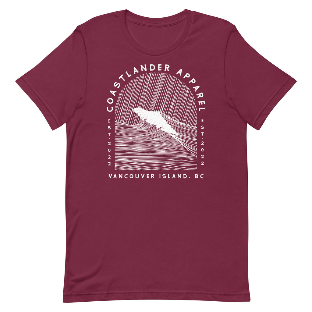 Design of Vancouver Island Wave Design - White Line Art - Unisex t-shirt , the colour is Maroon