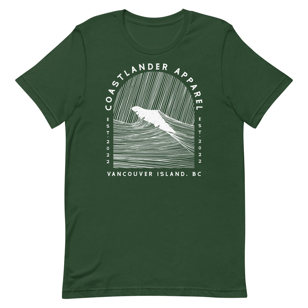 Design of Vancouver Island Wave Design - White Line Art - Unisex t-shirt , the colour is Forest