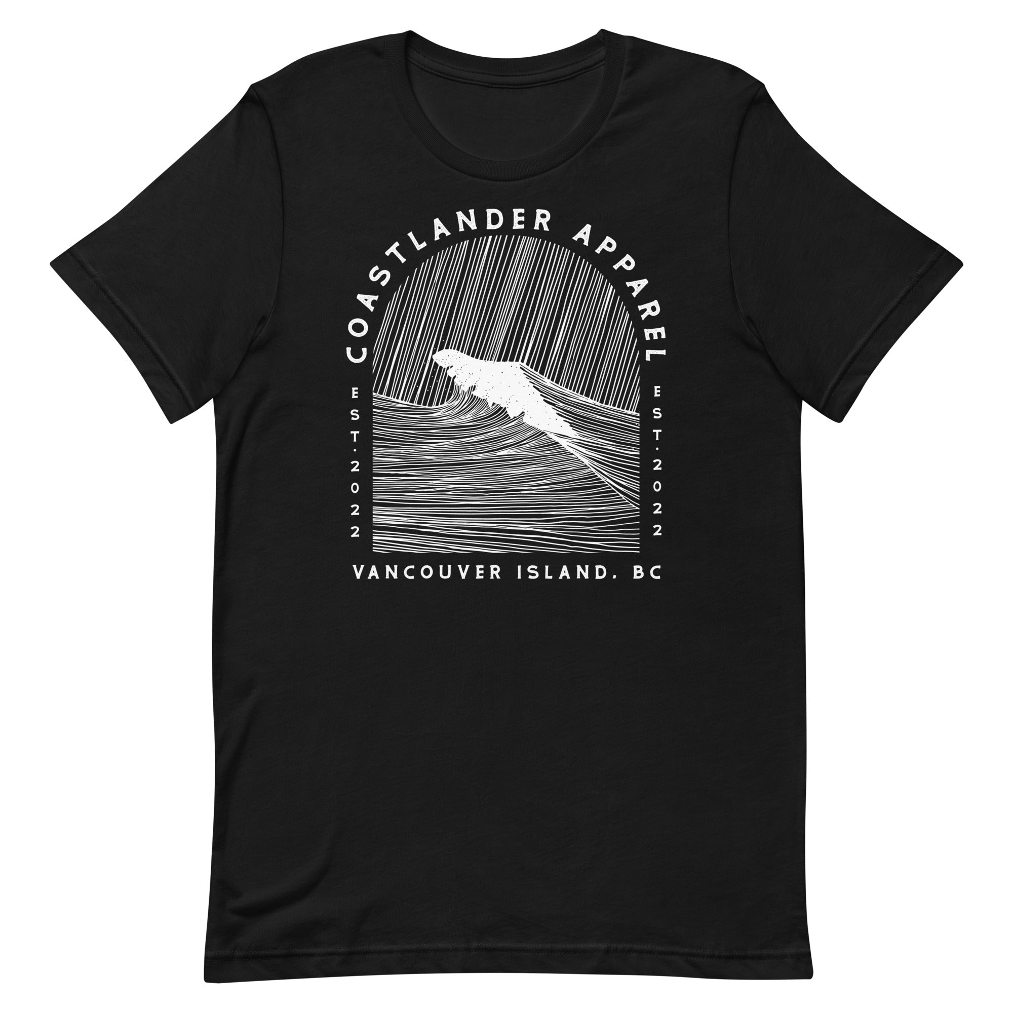 Design of Vancouver Island Wave Design - White Line Art - Unisex t-shirt , the colour is Black