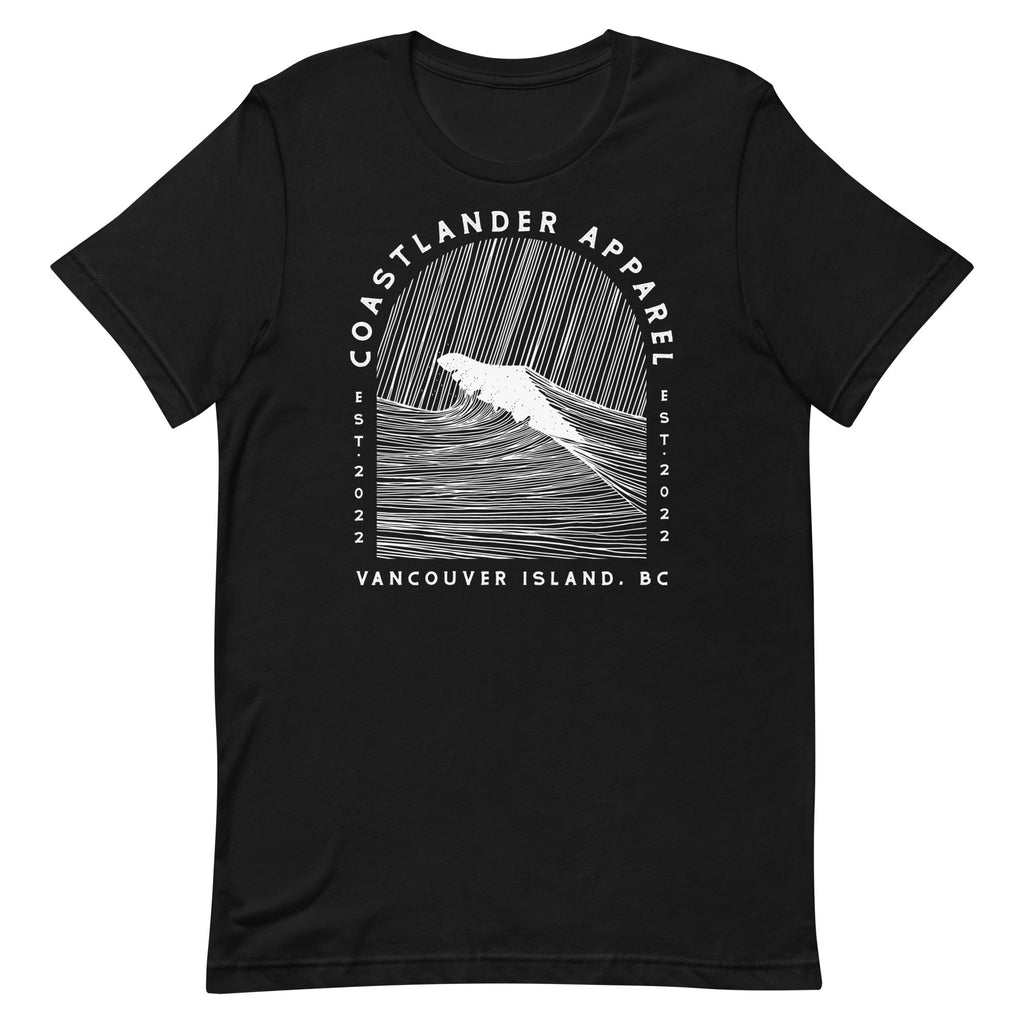 Design of Vancouver Island Wave Design - White Line Art - Unisex t-shirt , the colour is Black