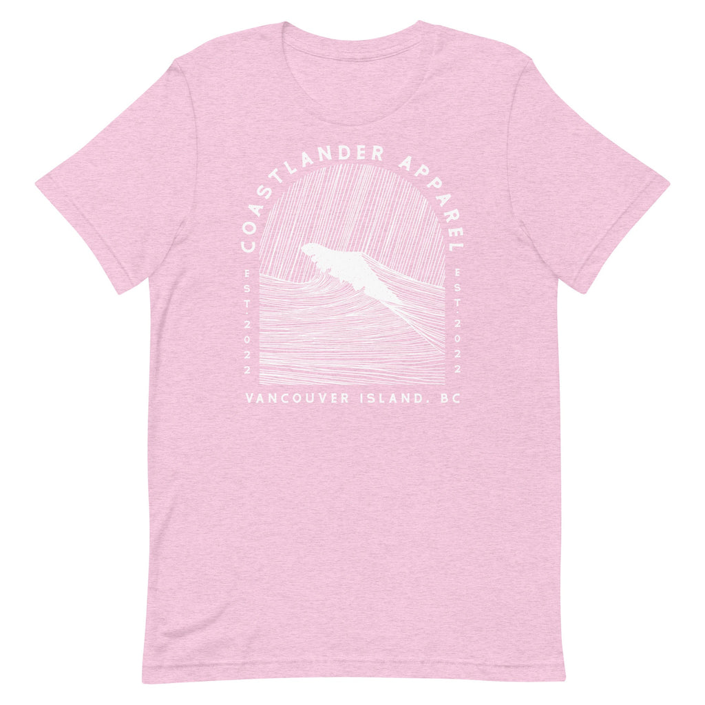 Design of Vancouver Island Wave Design - White Line Art - Unisex t-shirt , the colour is Heather Prism Lilac