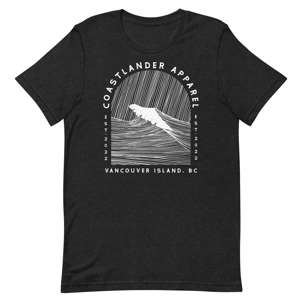 Design of Vancouver Island Wave Design - White Line Art - Unisex t-shirt , the colour is Black Heather