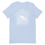 Design of Vancouver Island Wave Design - White Line Art - Unisex t-shirt , the colour is Baby Blue