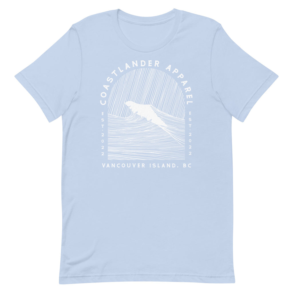 Design of Vancouver Island Wave Design - White Line Art - Unisex t-shirt , the colour is Baby Blue