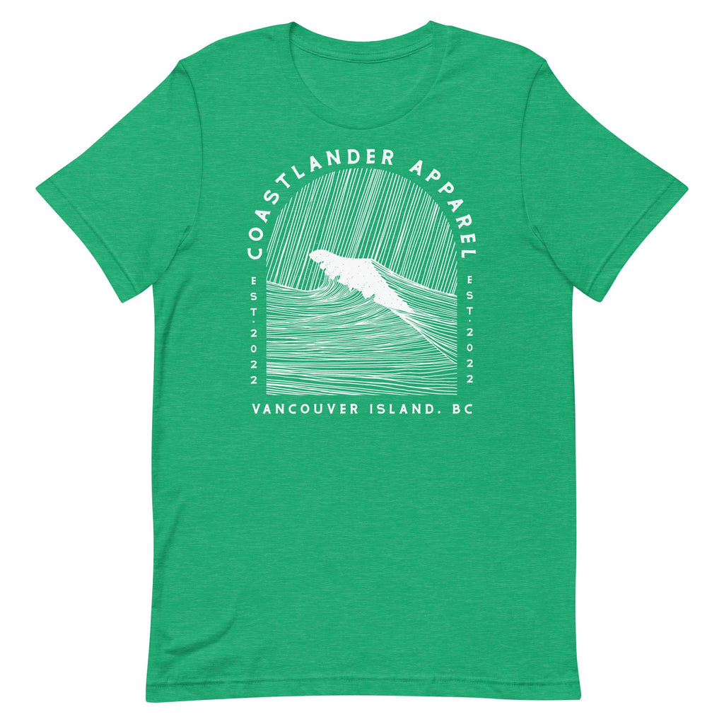 Design of Vancouver Island Wave Design - White Line Art - Unisex t-shirt , the colour is Heather Kelly