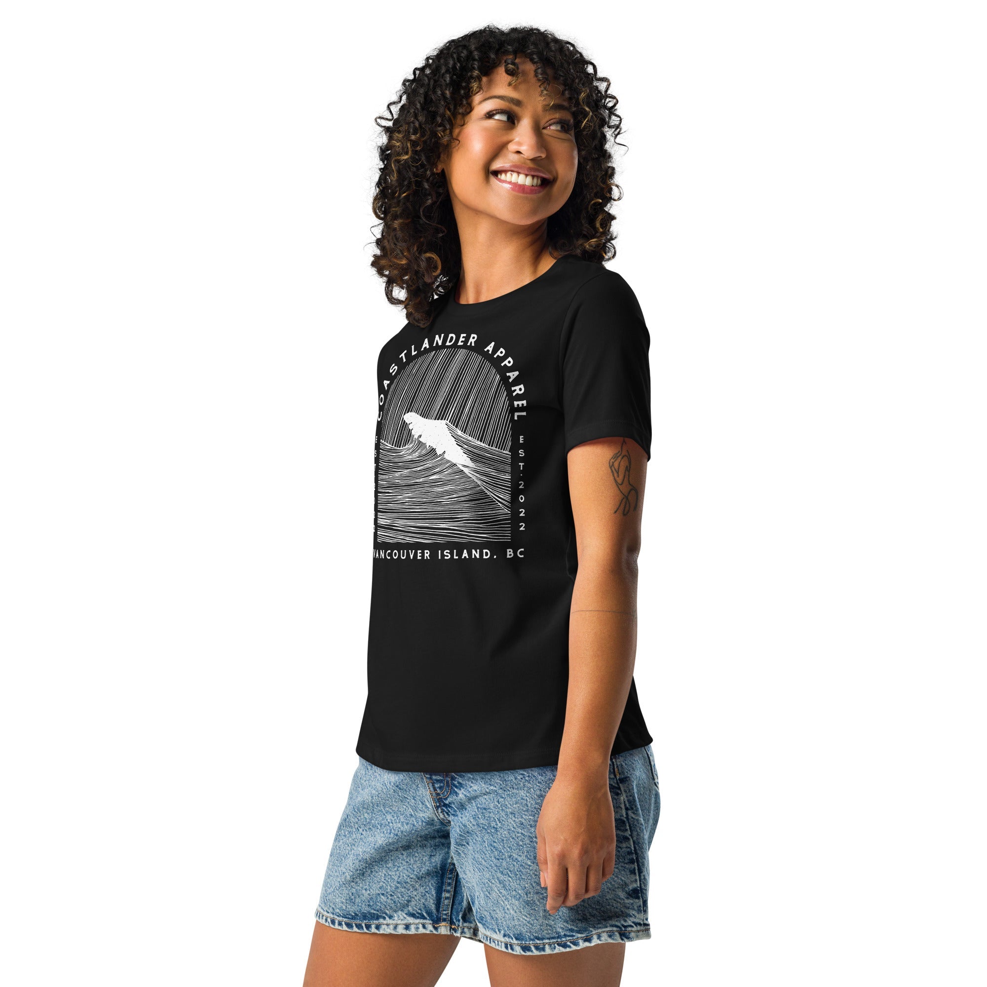 Design of Vancouver Island Wave Design - White Line Art - Women's Relaxed T-Shirt , the colour is