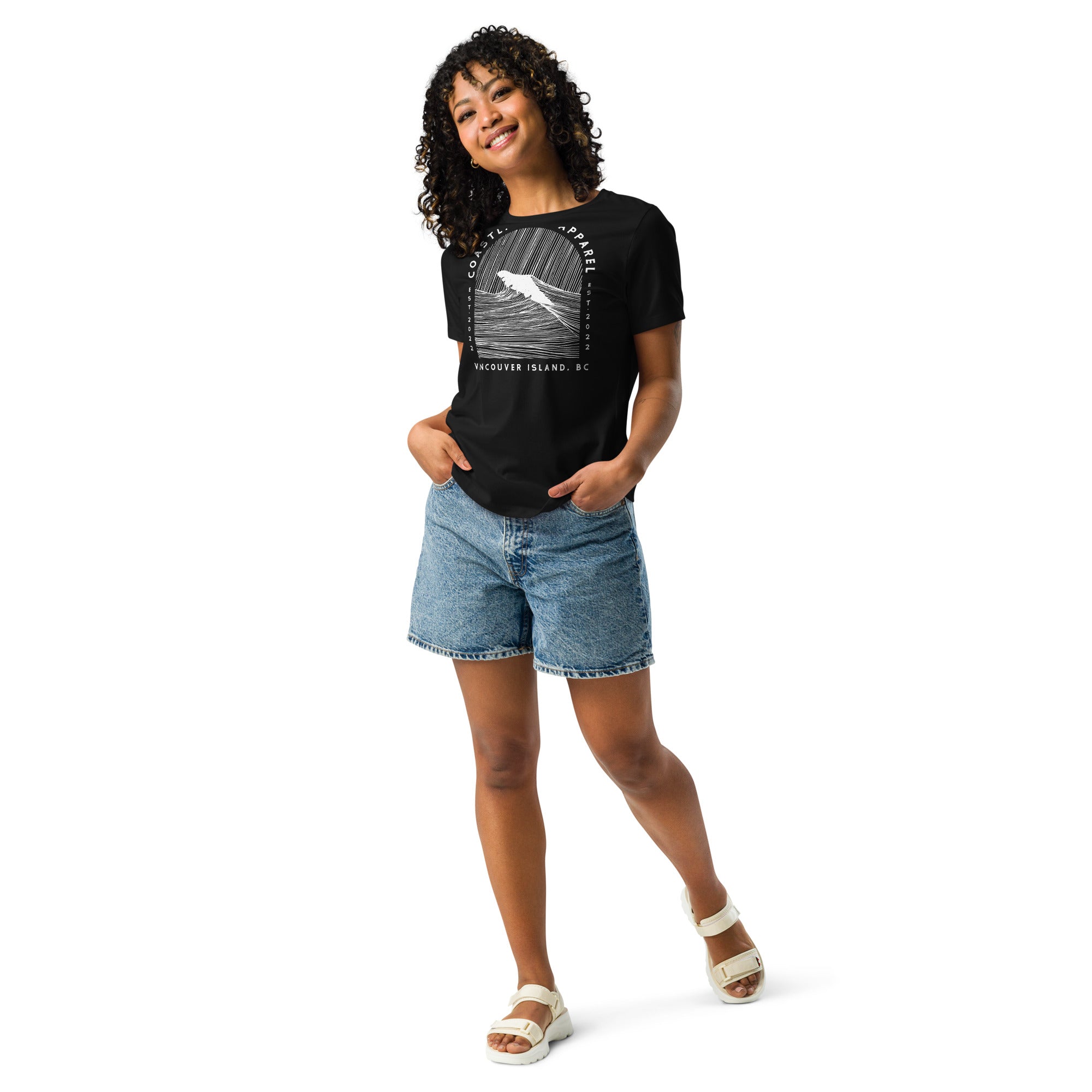 Design of Vancouver Island Wave Design - White Line Art - Women's Relaxed T-Shirt , the colour is 2XL