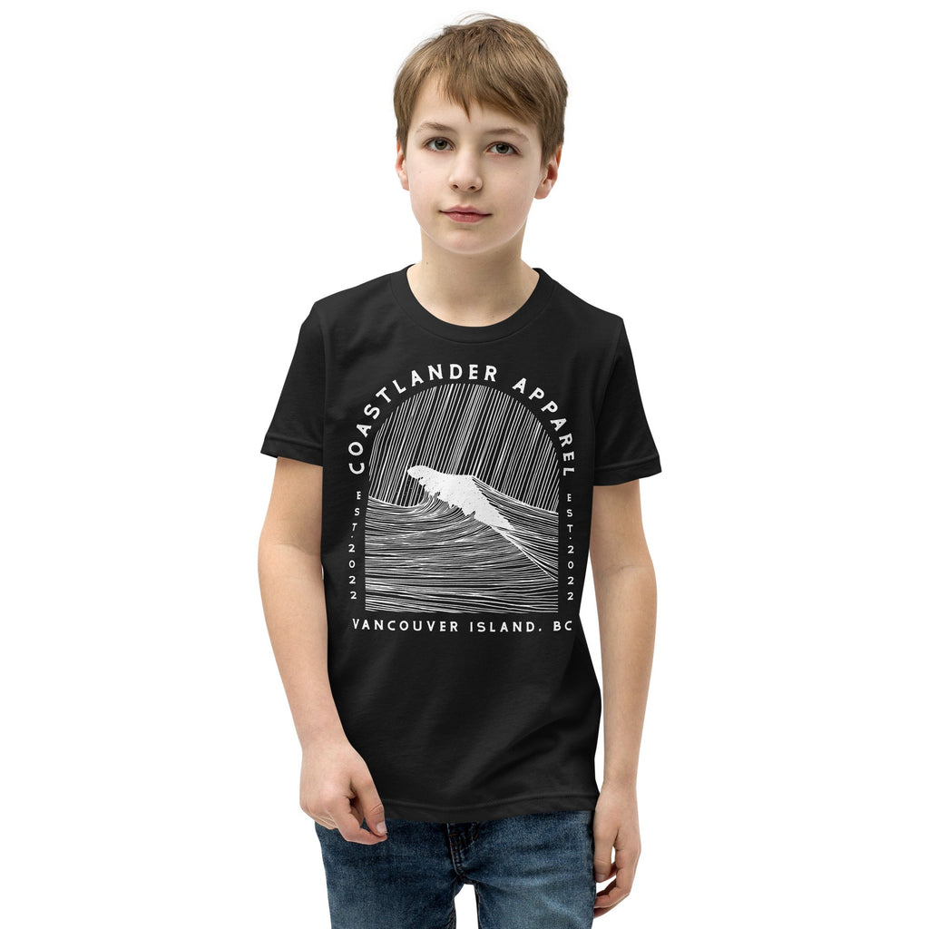 Design of Vancouver Island Wave Design - White Line Art - Youth Short Sleeve T-Shirt , the colour is