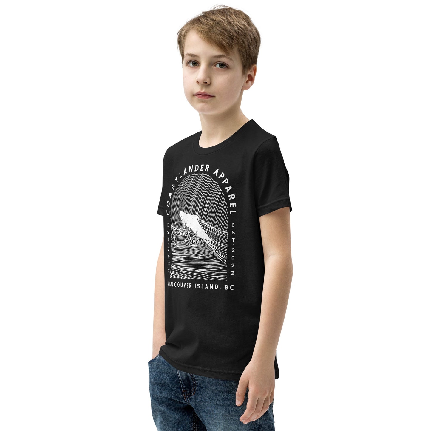 Design of Vancouver Island Wave Design - White Line Art - Youth Short Sleeve T-Shirt , the colour is
