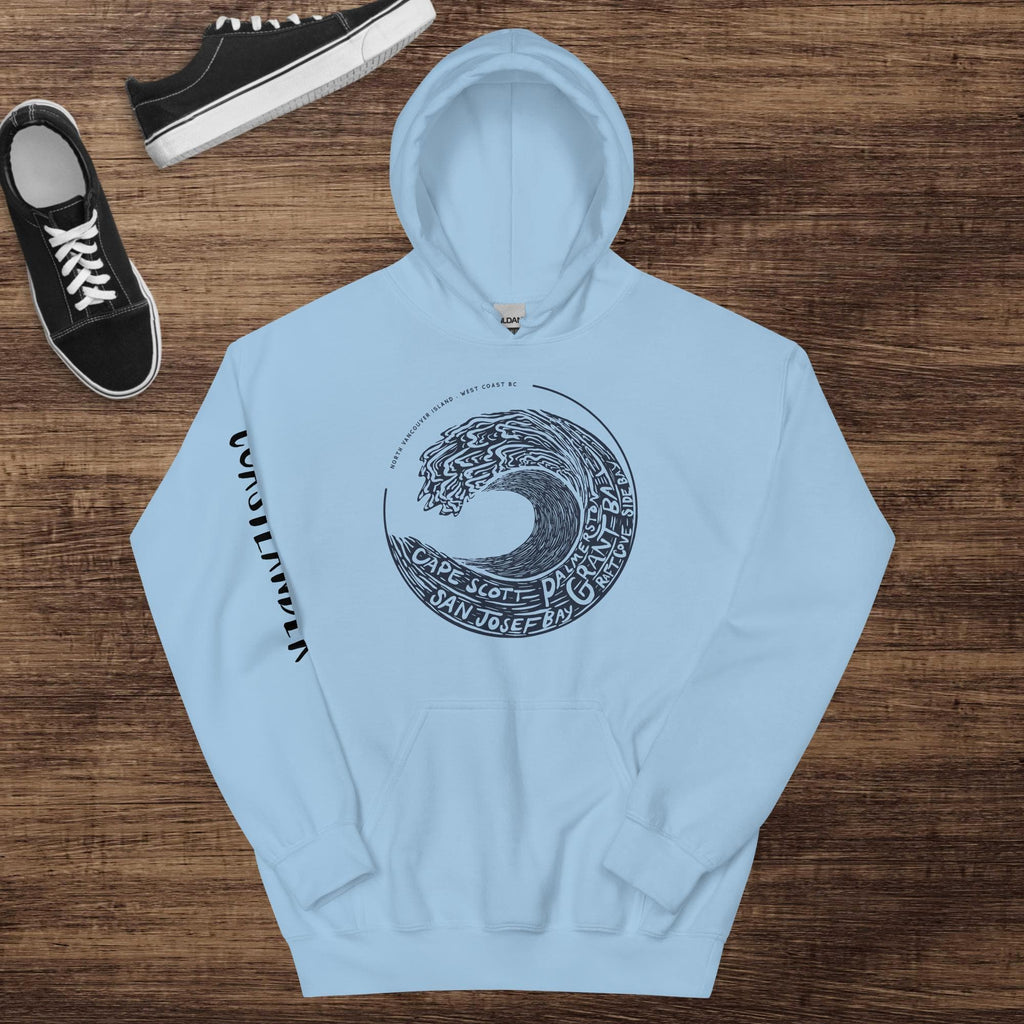 Design of West Coast Wave - North Vancouver Island - Unisex Hoodie , the colour is Light Blue