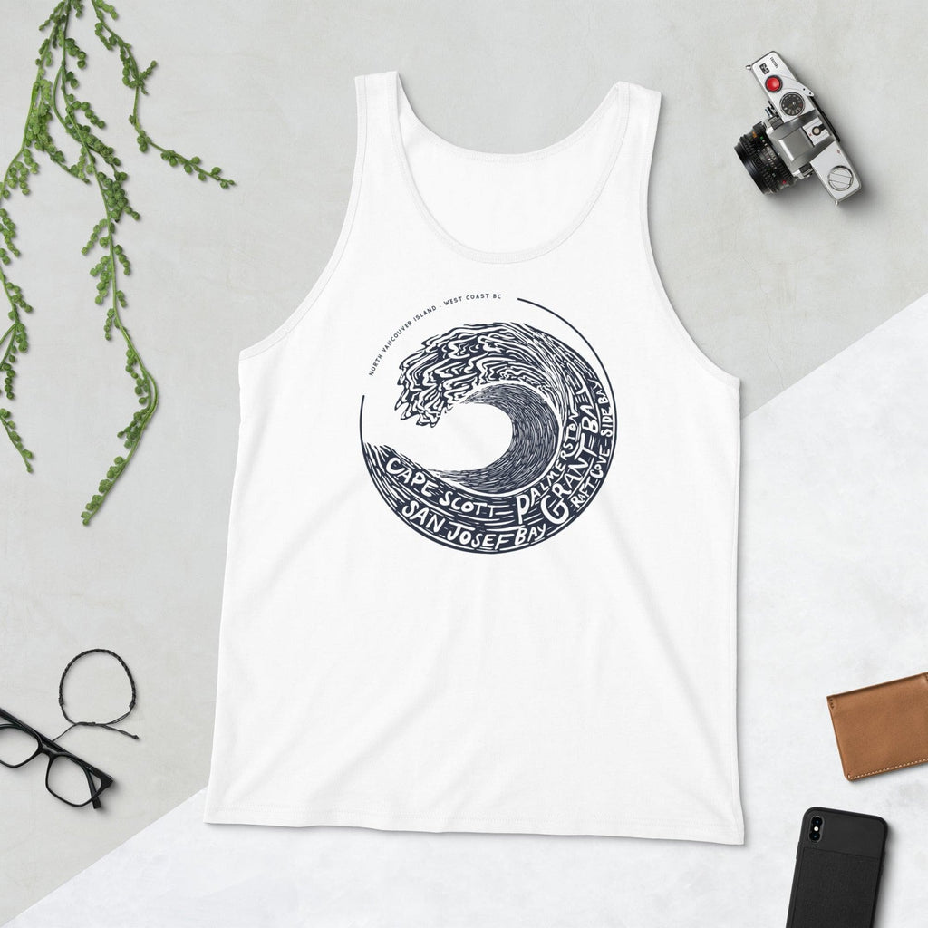 Design of West Coast Wave - North Vancouver Island - Unisex Tank Top , the colour is White