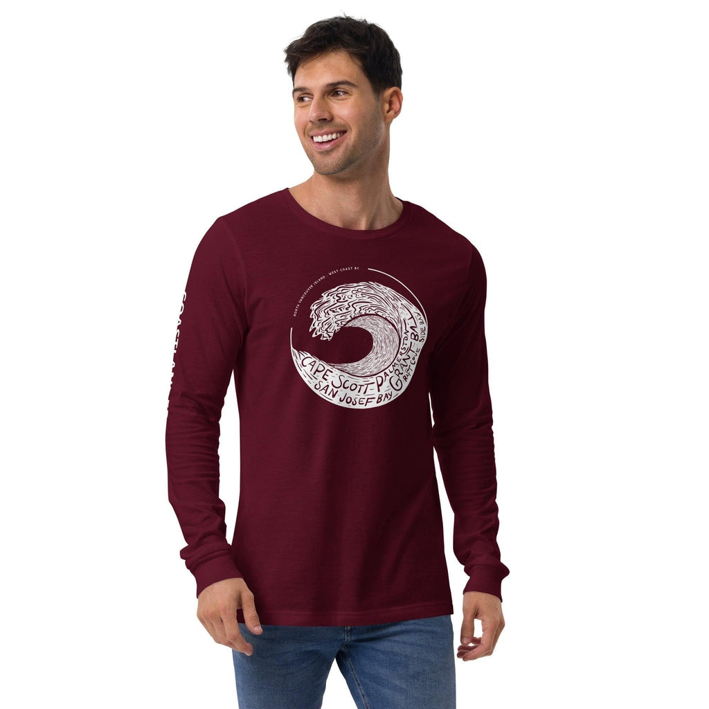 Design of West Coast Wave - Unisex Long Sleeve Tee , the colour is Maroon