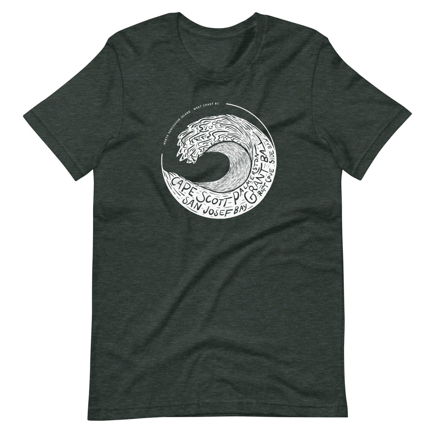 Design of West Coast Wave - Unisex t-shirt , the colour is Heather Forest
