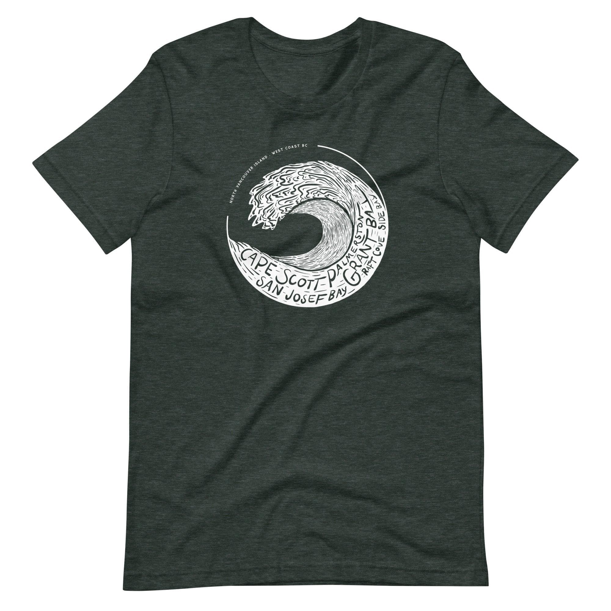 Design of West Coast Wave - Unisex t-shirt , the colour is Heather Forest