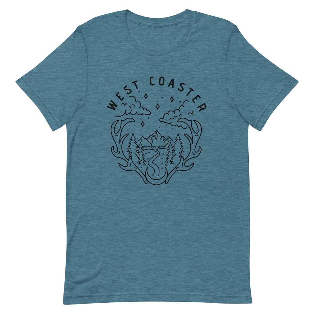 Design of West Coaster - Unisex t-shirt , the colour is Heather Deep Teal