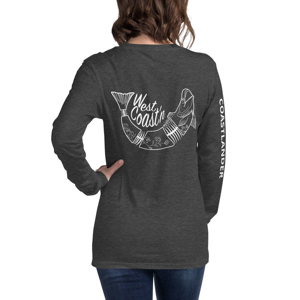 Design of West Coastin Fish - Unisex Long Sleeve Tee , the colour is Dark Grey Heather