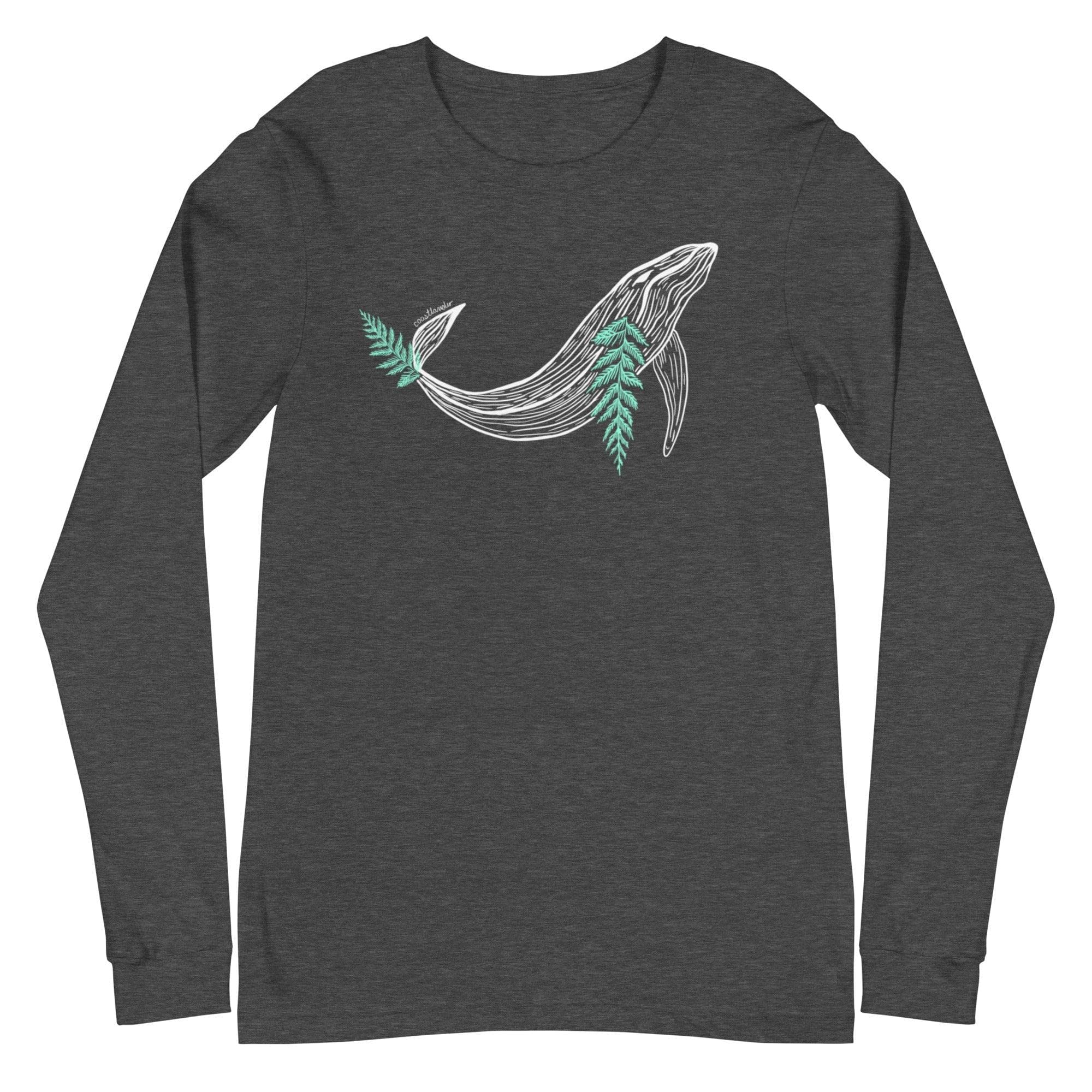 Design of Whale & Ceder Branch Design - Unisex Long Sleeve Tee , the colour is Dark Grey Heather