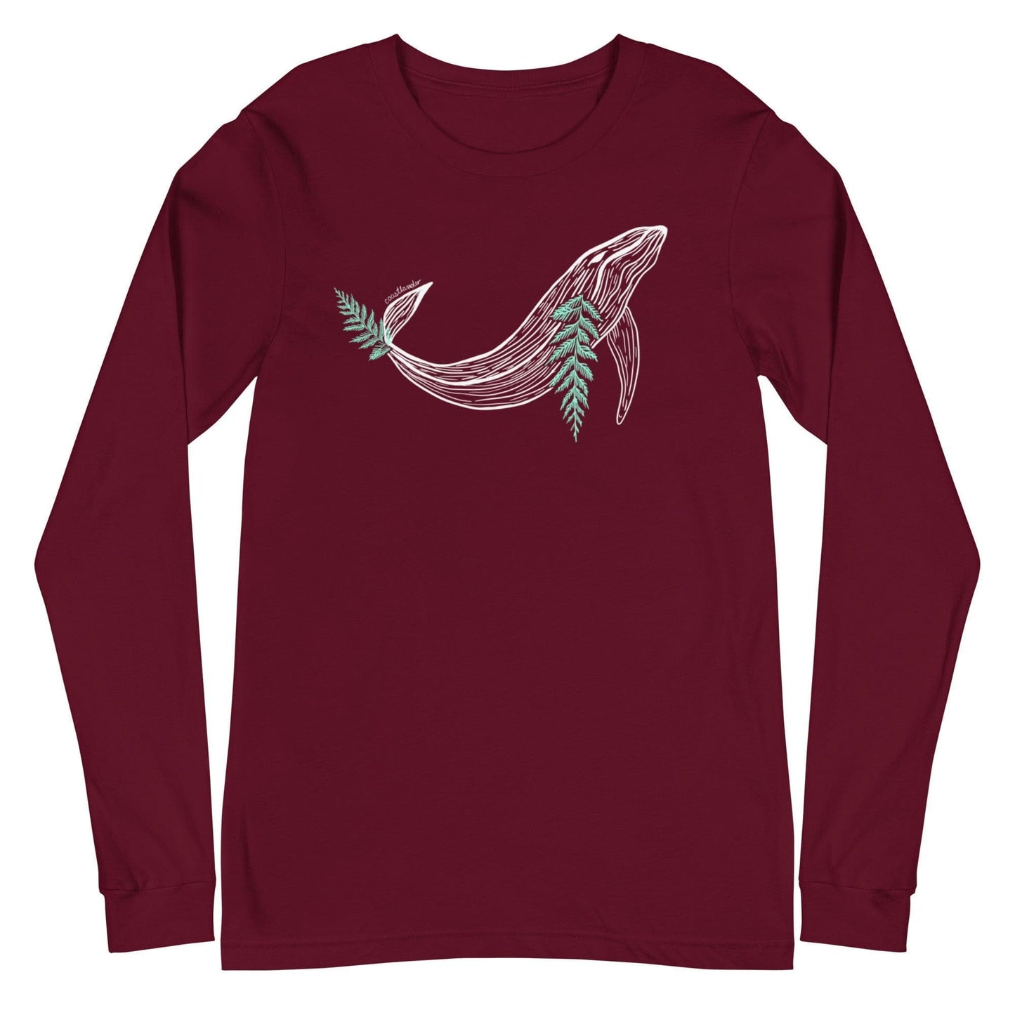 Design of Whale & Ceder Branch Design - Unisex Long Sleeve Tee , the colour is Maroon