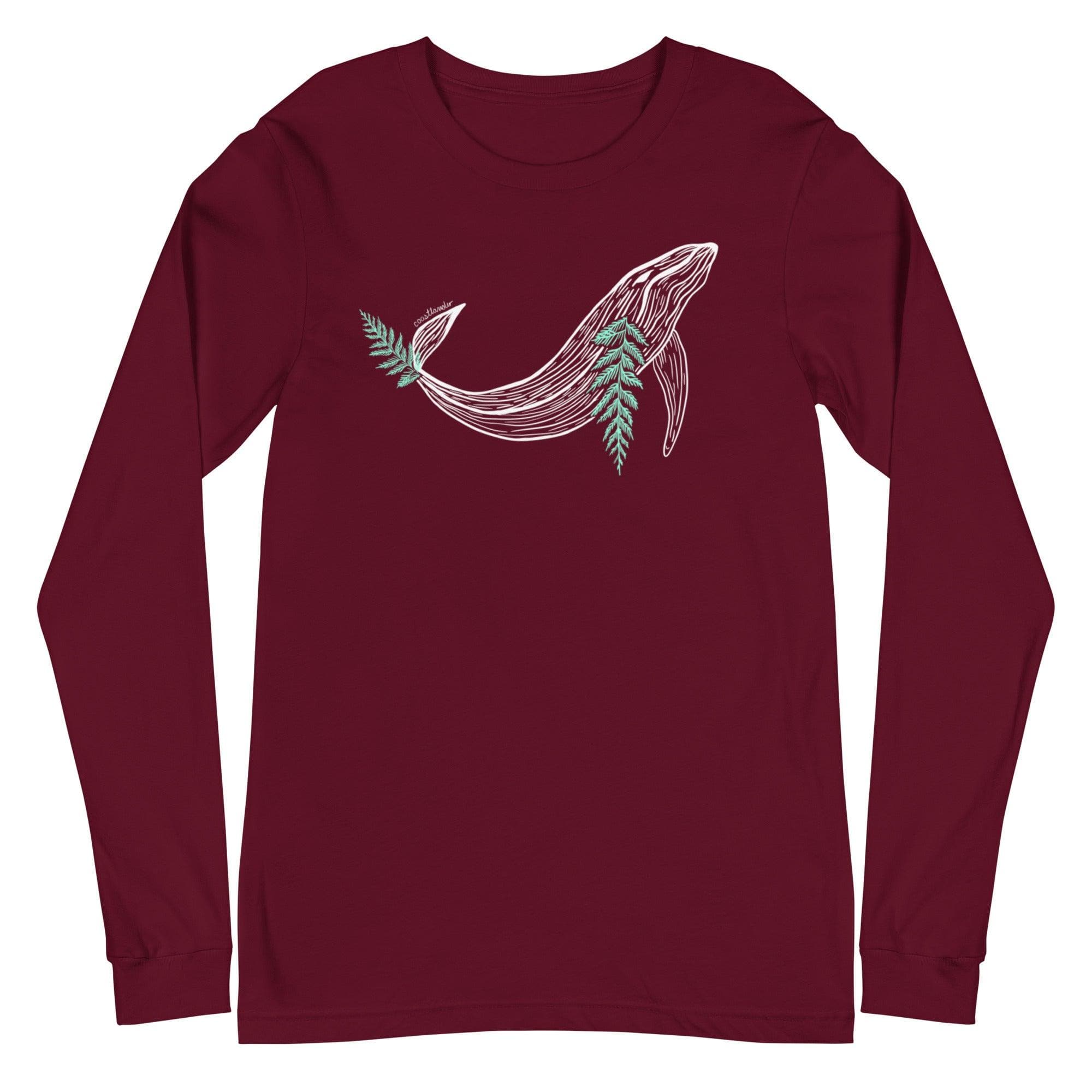 Design of Whale & Ceder Branch Design - Unisex Long Sleeve Tee , the colour is Maroon